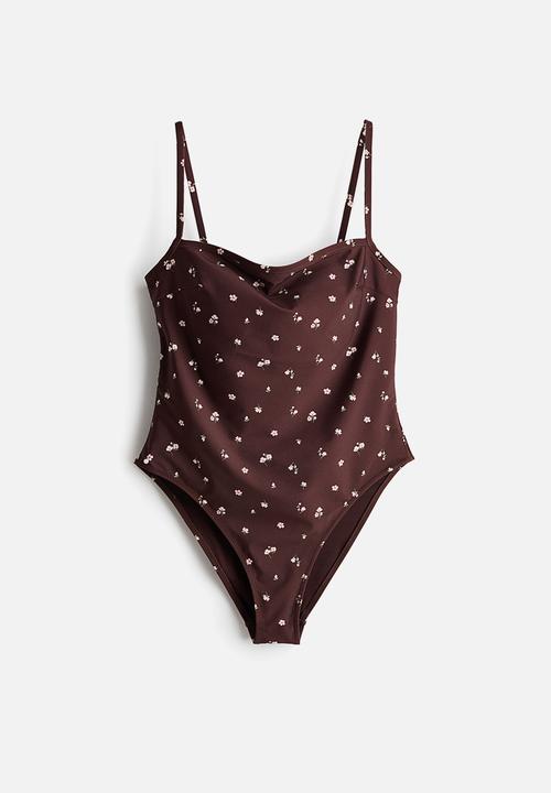 H&M - Padded-cup high leg swimsuit - brown/floral