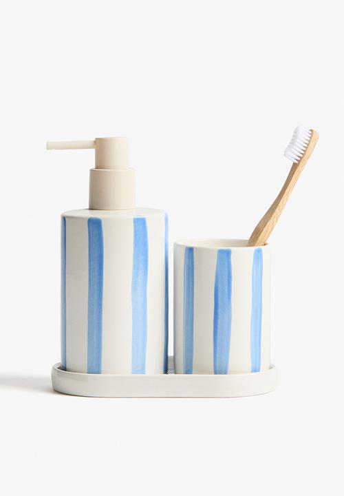 H&M - Stoneware soap dispenser - white/blue striped
