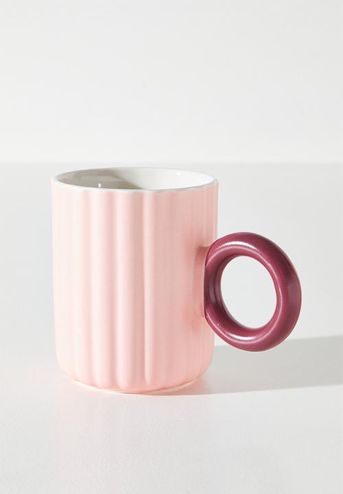 Excellent Houseware - Stripe Relief Mug with Coloured Handle Single 370ml - Pink