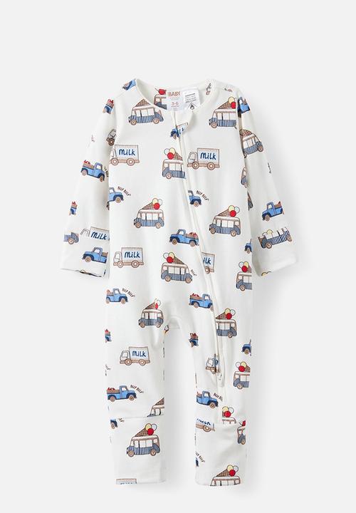 Cotton On - 2 Pack Growie Long Sleeve Zip Romper - Vanilla/Twinkly Stars & Vanilla/Gelato Trucks