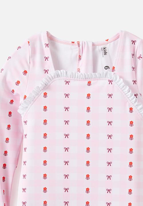 Cotton On - Long Sleeve Boyleg One Piece -  Ballet Pink Floral Gingham