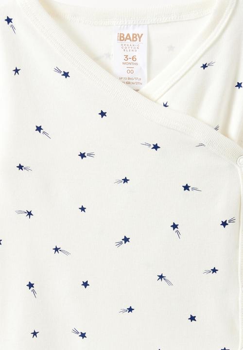 Cotton On - Organic Cross Over Long Sleeve Bubbysuit - Milk/Shooting Stars