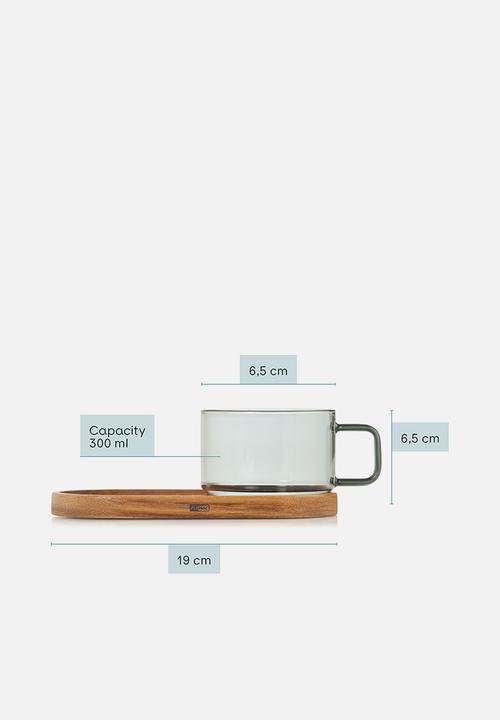Adhoc - AdHoc Impact Glass Coffee Cup & Acacia Wood Coaster Set – 300ml Mouth-Blown Grey Glass