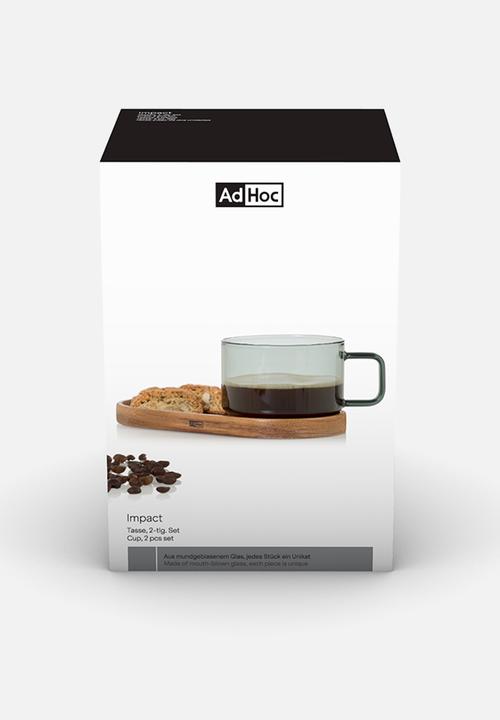 Adhoc - AdHoc Impact Glass Coffee Cup & Acacia Wood Coaster Set – 300ml Mouth-Blown Grey Glass