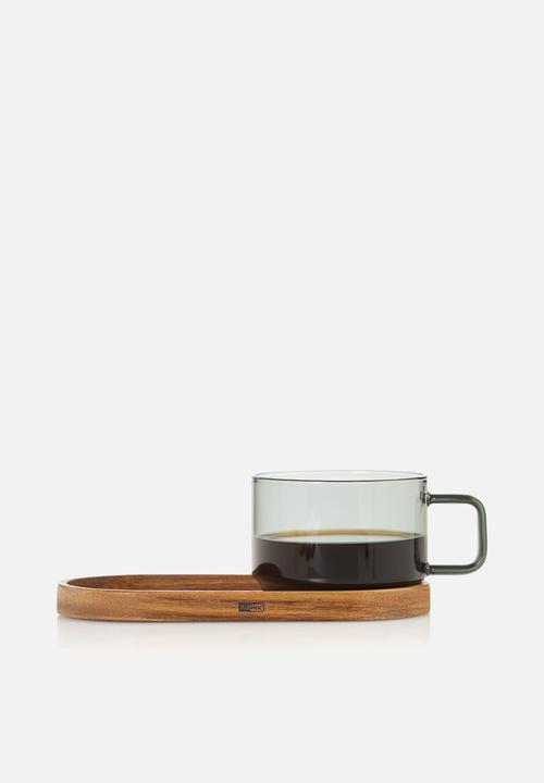 Adhoc - AdHoc Impact Glass Coffee Cup & Acacia Wood Coaster Set – 300ml Mouth-Blown Grey Glass