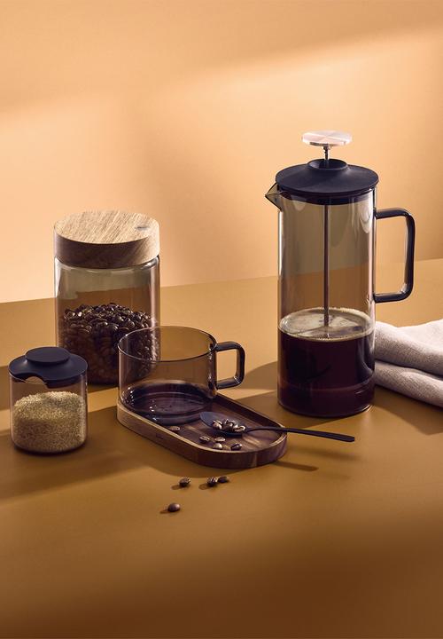 Adhoc - AdHoc Impact Glass Coffee Cup & Acacia Wood Coaster Set – 300ml Mouth-Blown Grey Glass