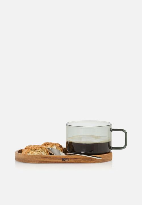 Adhoc - AdHoc Impact Glass Coffee Cup & Acacia Wood Coaster Set – 300ml Mouth-Blown Grey Glass