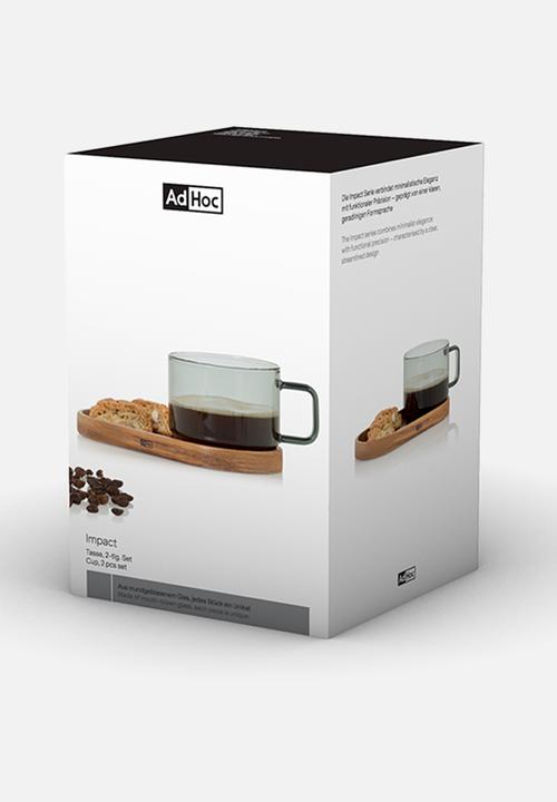 Adhoc - AdHoc Impact Glass Coffee Cup & Acacia Wood Coaster Set – 300ml Mouth-Blown Grey Glass