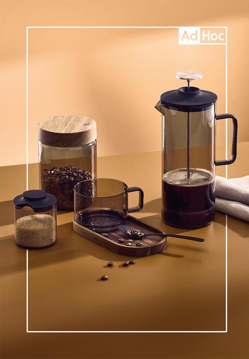 Adhoc - AdHoc Impact Glass Coffee Cup & Acacia Wood Coaster Set – 300ml Mouth-Blown Grey Glass