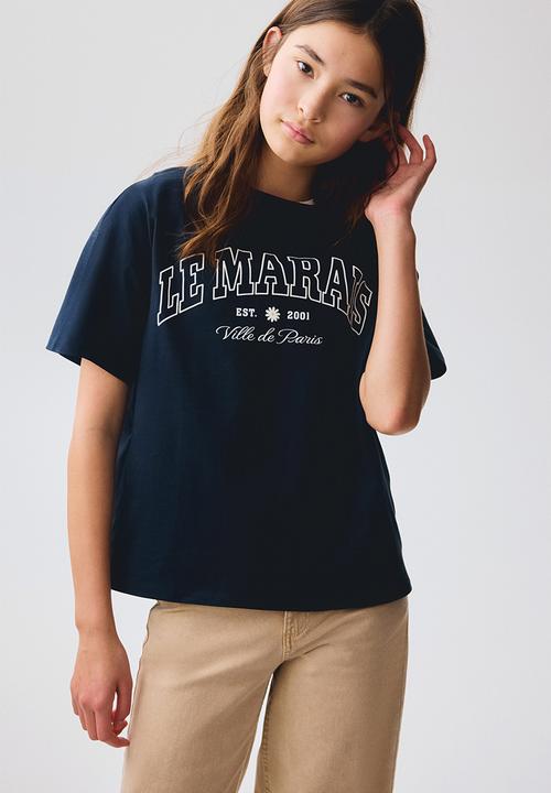 H&M - Oversized cotton t-shirt - navy blue/le marais
