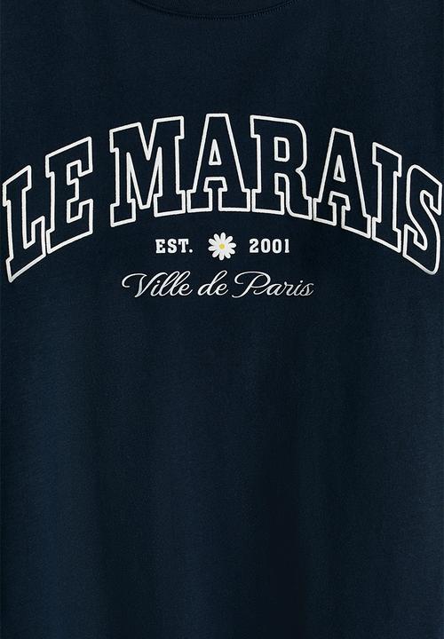 H&M - Oversized cotton t-shirt - navy blue/le marais