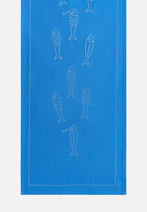 H&M - Embroidery-motif linen-blend table runner - blue/fish