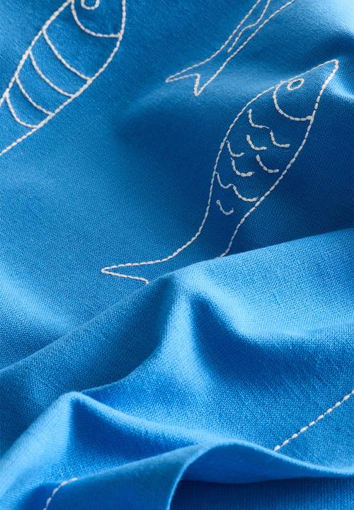 H&M - Embroidery-motif linen-blend table runner - blue/fish