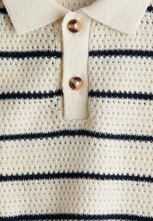 H&M - Pointelle-knit polo shirt - cream/blue striped