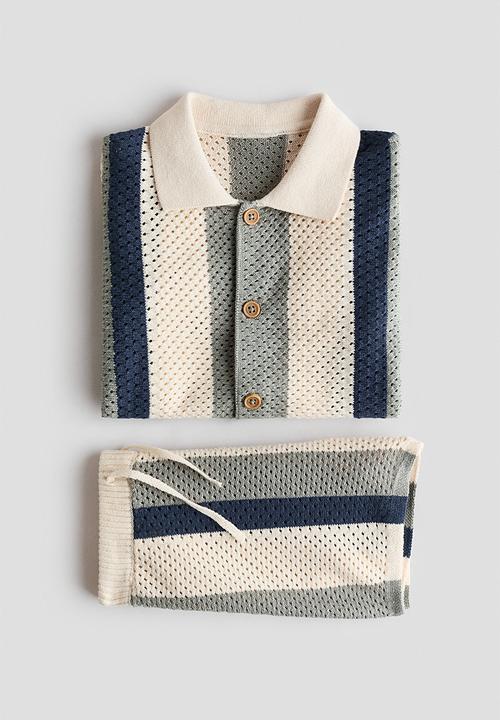 H&M - 2-piece mesh-knit cotton set - light beige/striped