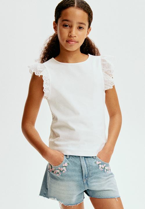 H&M - Flutter-sleeved broderie anglaise top - white