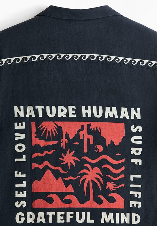 H&M - Relaxed fit cotton resort shirt - black/waves