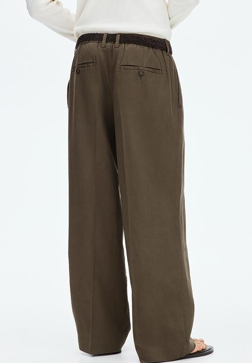 H&M - Loose fit wide linen-blend trousers - dark mole