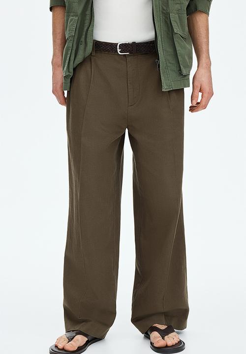 H&M - Loose fit wide linen-blend trousers - dark mole