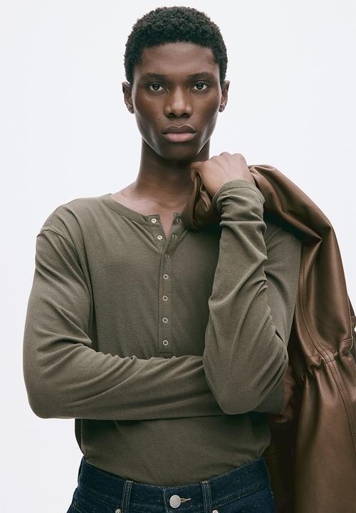 H&M - Slim fit cotton henley top - dark khaki green