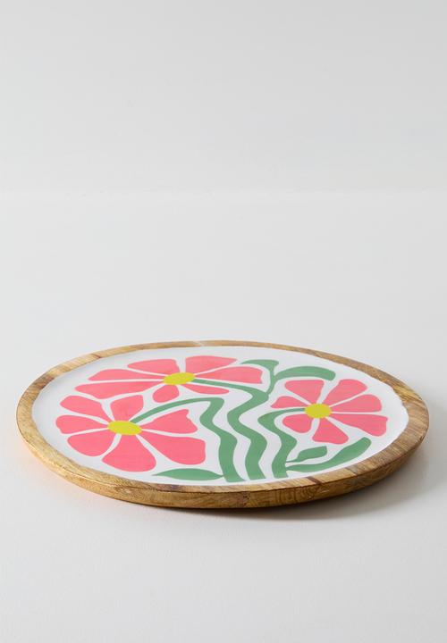 Excellent Houseware - Pink Enamel Daisy Flower Mango Wood Plate - 30cm