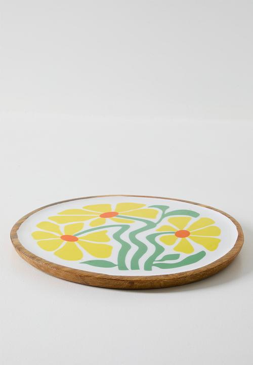 Excellent Houseware - Yellow Enamel Daisy Flower Mango Wood Plate - 30cm