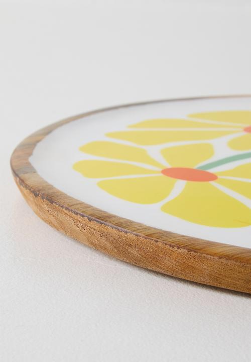 Excellent Houseware - Yellow Enamel Daisy Flower Mango Wood Plate - 30cm