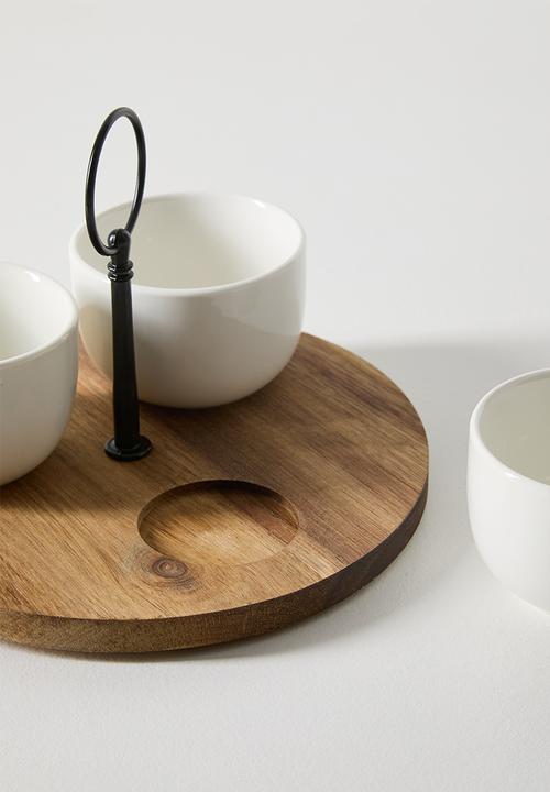 Excellent Houseware - Porcelain Bowls & Tray with Handle Serving Set - 4pcs