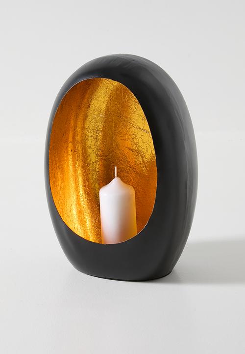 H&S - Gold Hammered Candle Holder - black & gold
