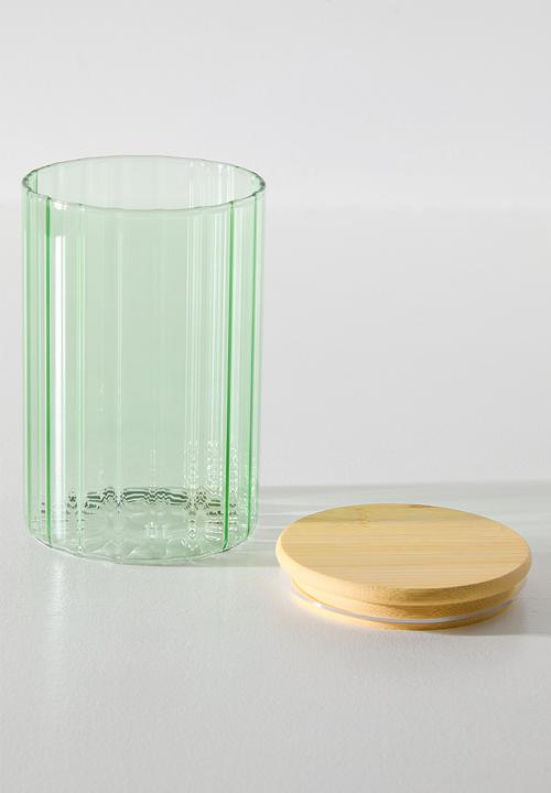 Excellent Houseware - Green  Ribbed Design Storage Jar with Bamboo Lid - 1000ml