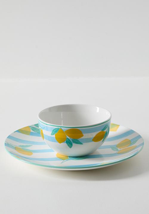 Excellent Houseware - Lemon & Stripe Dinner Plate 4pcs Set 27cm - yellow & blue