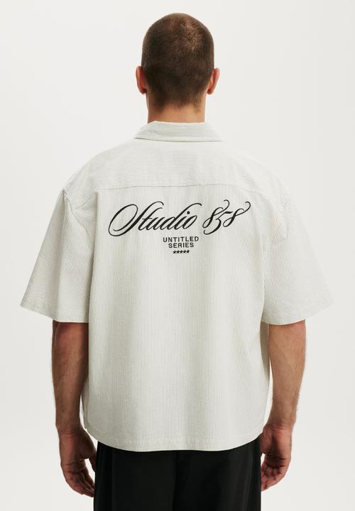 Cotton On - Ventura Short Sleeve Shirt - Off White Stripe Emb