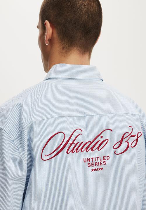 Cotton On - Ventura Short Sleeve Shirt - Blue Stripe Emb