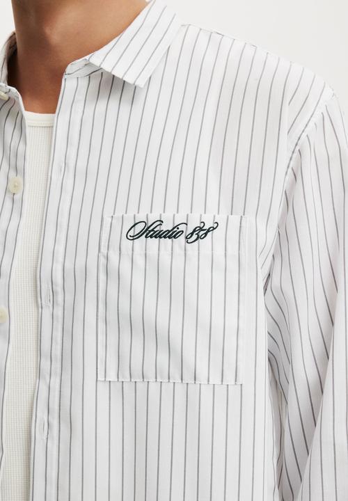 Cotton On - Bedford Long Sleeve Shirt - White Stripe Emb