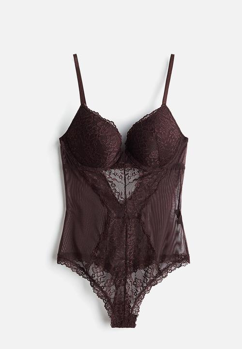 H&M - Lace push-up thong body - dark brown