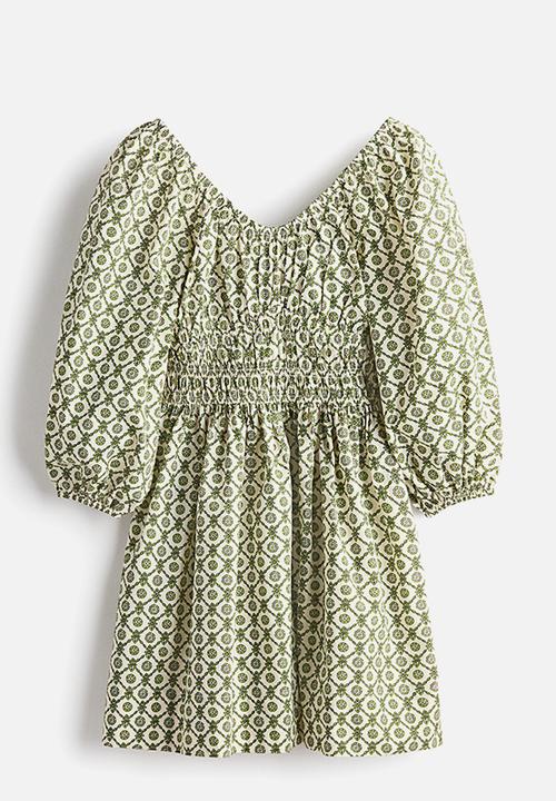 H&M - Flared-skirt cotton dress - green/patterned