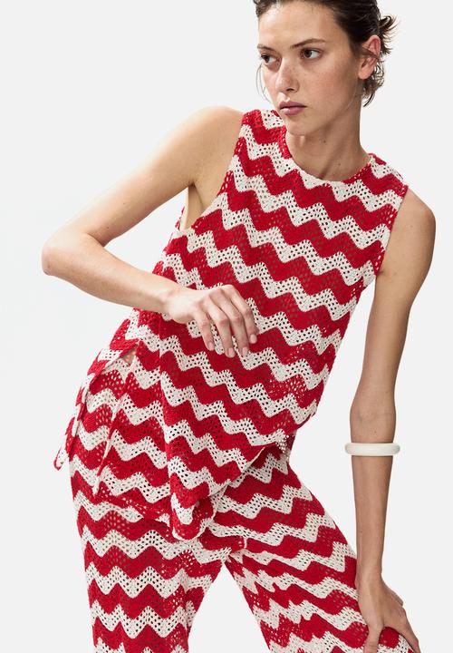 H&M - Crochet-look jacquard jersey top - white/red striped