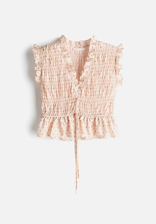H&M - Sleeveless smocked blouse - light beige/floral