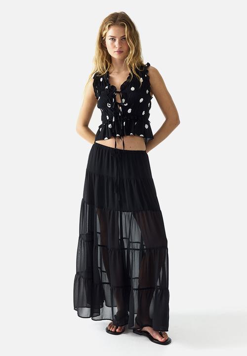 H&M - Tie-detail smocked top - black/spotted