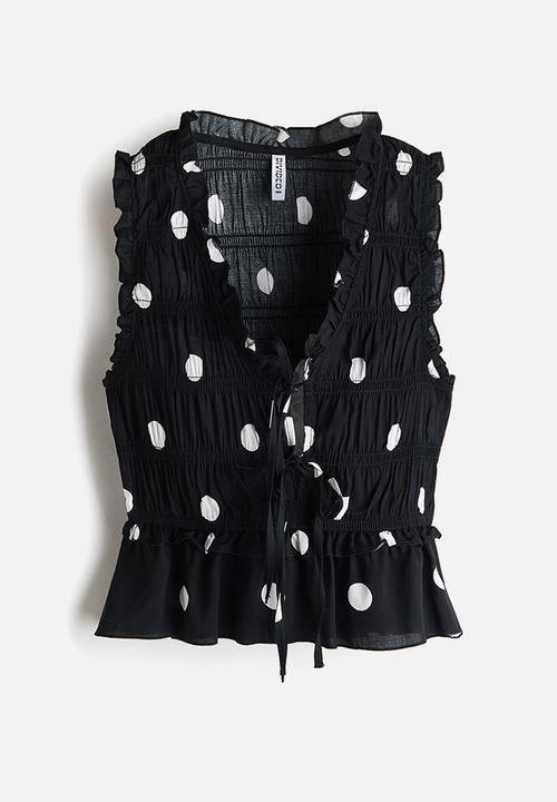 H&M - Tie-detail smocked top - black/spotted