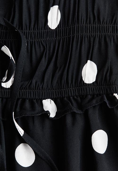 H&M - Tie-detail smocked top - black/spotted