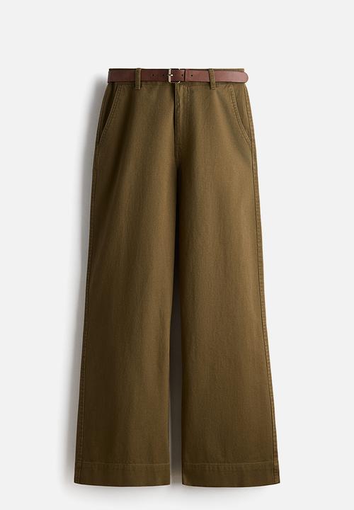 H&M - Wide belted twill trousers - dark khaki green