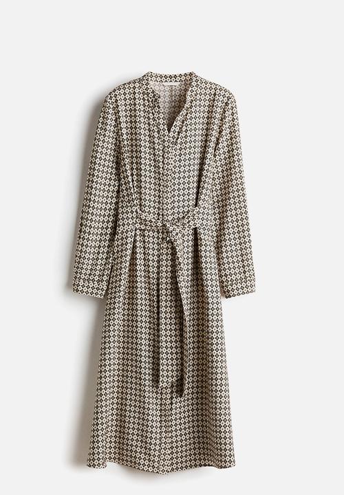 H&M - Tie-belt dress - cream/patterned
