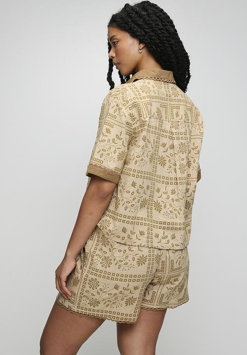 MANDI - Pull On Elasticated Short With Print Detail And Waist Cord - Beige