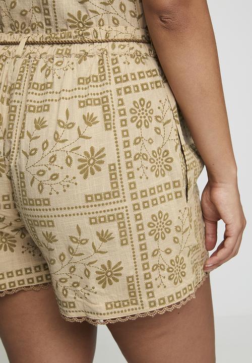 MANDI - Pull On Elasticated Short With Print Detail And Waist Cord - Beige