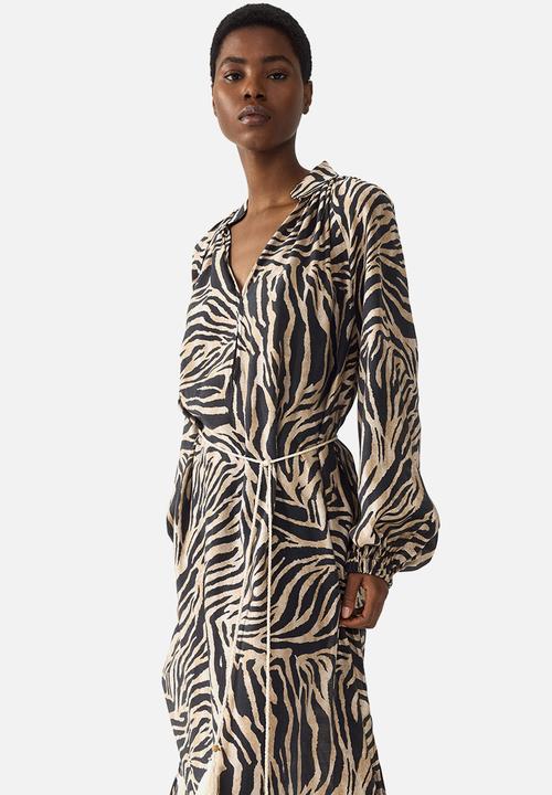 H&M - Oversized tie-belt dress - black/zebra print