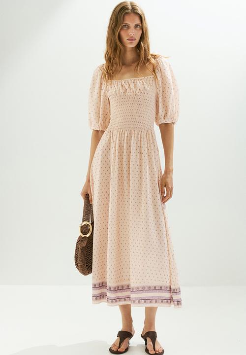 H&M - Smocked-waist dress - light beige/floral