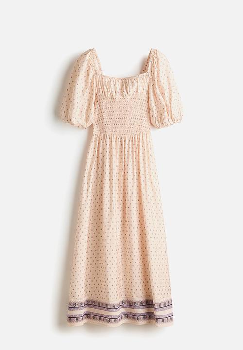 H&M - Smocked-waist dress - light beige/floral