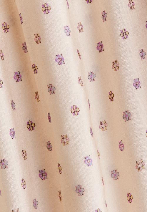 H&M - Smocked-waist dress - light beige/floral