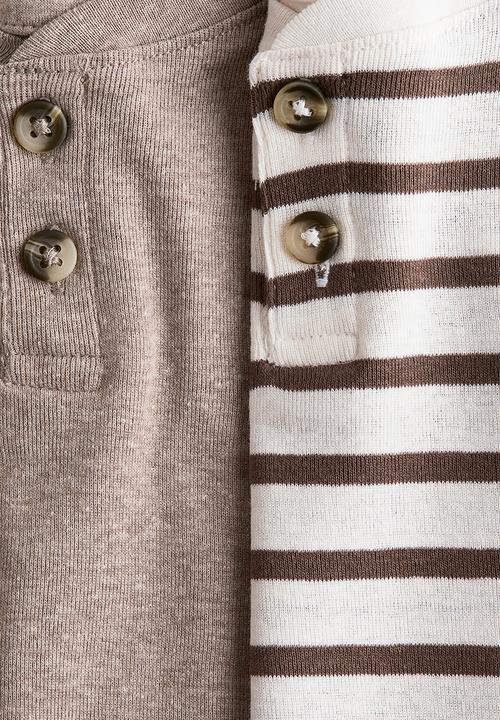 H&M - 2-pack henley t-shirts - greige marl/striped